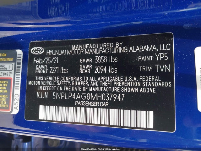 5NPLP4AG8MH037947 Hyundai mpi nu pe