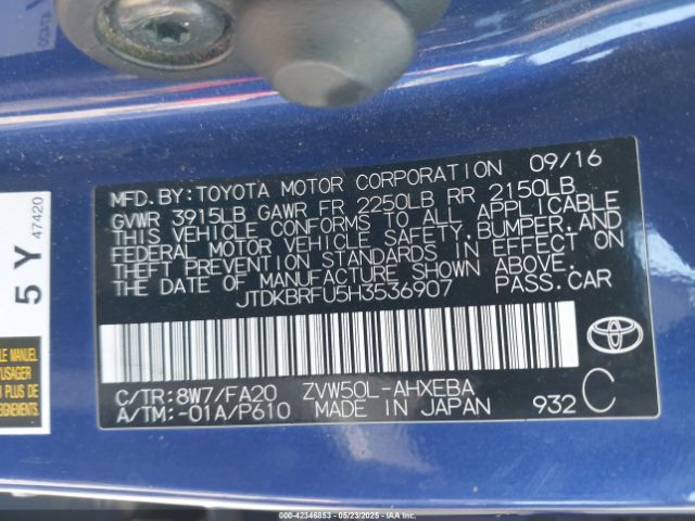 JTDKBRFU5H3536907 Toyota Prius Four/four Touring/one/three/three Touring/two/two Eco