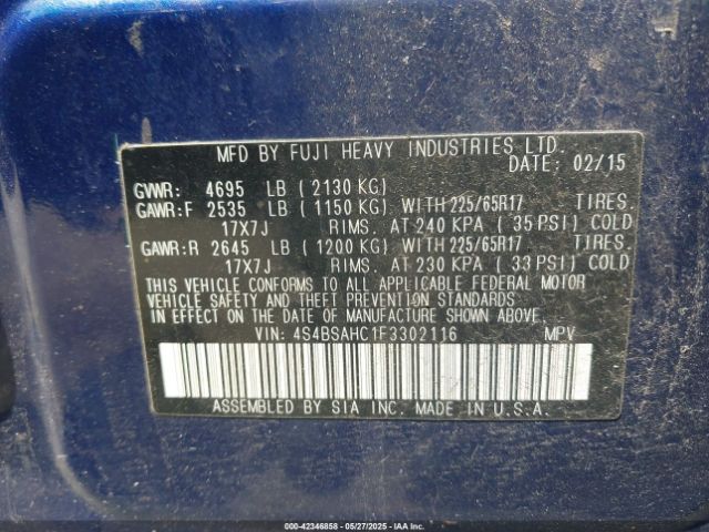 4S4BSAHC1F3302116 Subaru Outback 2.5i Premium