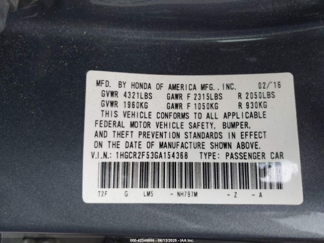 1HGCR2F53GA154368 Honda k24w1