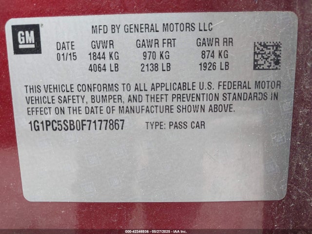 1G1PC5SB0F7177867 Chevrolet Cruze 1lt Auto