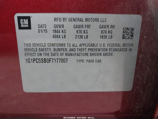 1G1PC5SB0F7177867 Chevrolet Cruze 1lt Auto