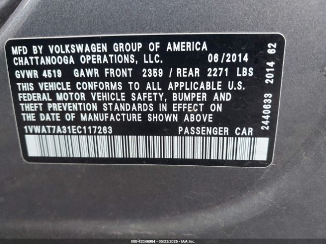 1VWAT7A31EC117263 Volkswagen Passat 1.8t Wolfsburg Edition