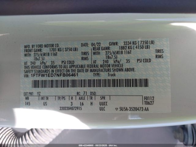 1FTFW1ED7NFB06461 Ford F-150 Xlt