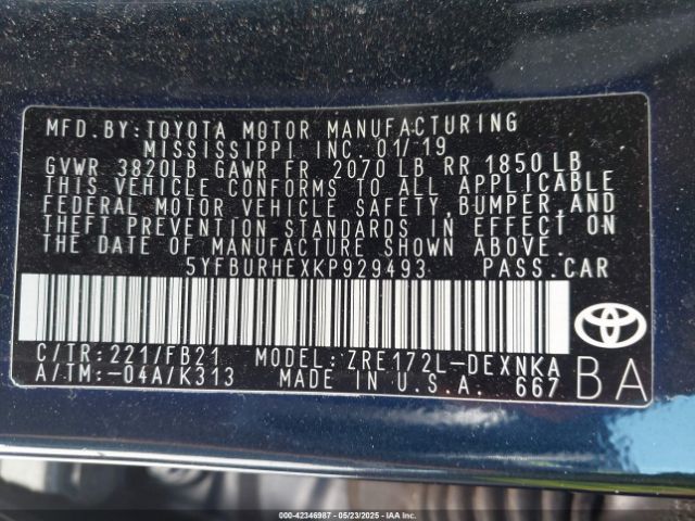 5YFBURHEXKP929493 Toyota COROLLA LE