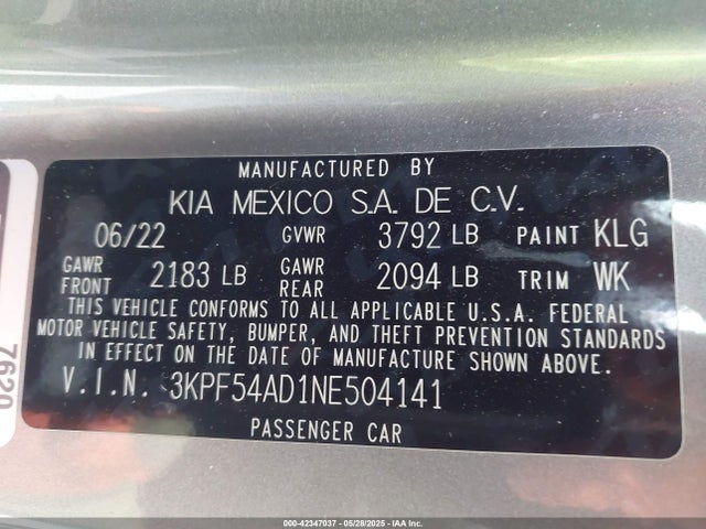 3KPF54AD1NE504141 KIA mpi nu