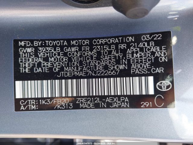 2022 TOYOTA COROLLA JTDEPMAE7NJ222667 Photo 8