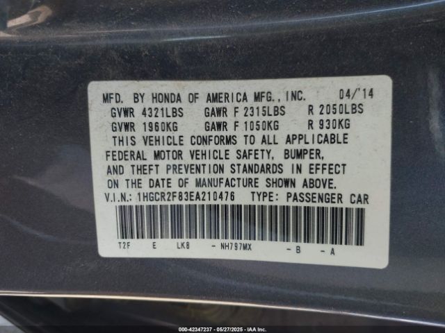 1HGCR2F83EA210476 Honda Accord Ex-l