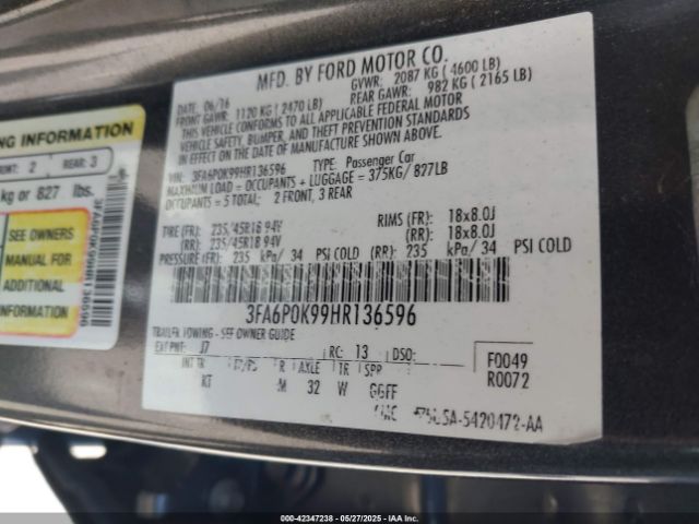 3FA6P0K99HR136596 Ford Fusion Titanium