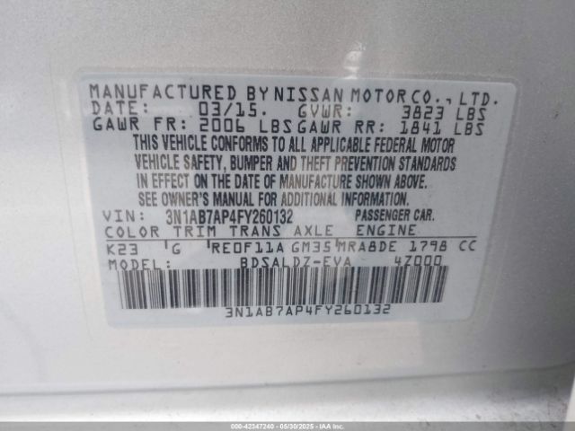 3N1AB7AP4FY260132 Nissan Sentra Fe+ S/s/sl/sr/sv