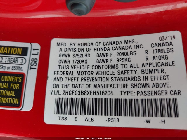 2HGFG3B8XEH516204 Honda r18z1