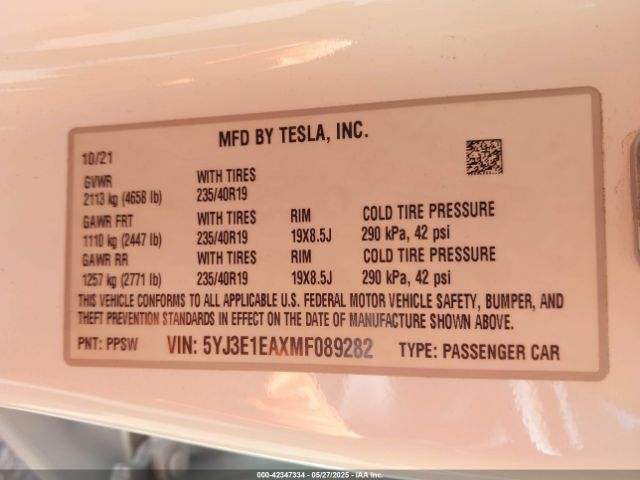 2021 TESLA MODEL 3 5YJ3E1EAXMF089282 Photo 8