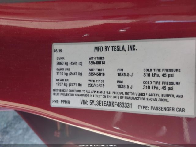 5YJ3E1EAXKF483331 Tesla Model 3 Long Range/mid Range/standard Range/standard Range Plus