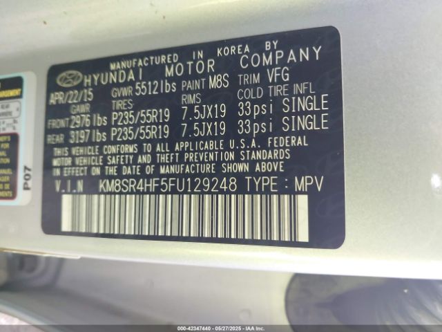 KM8SR4HF5FU129248 Hyundai Santa Fe Limited