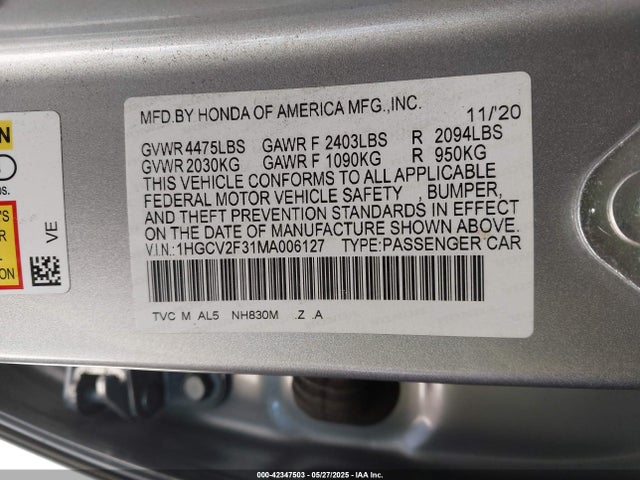 1HGCV2F31MA006127 Honda k20c4
