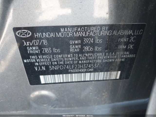 5NPD74LF2JH374537 Hyundai mpi nu