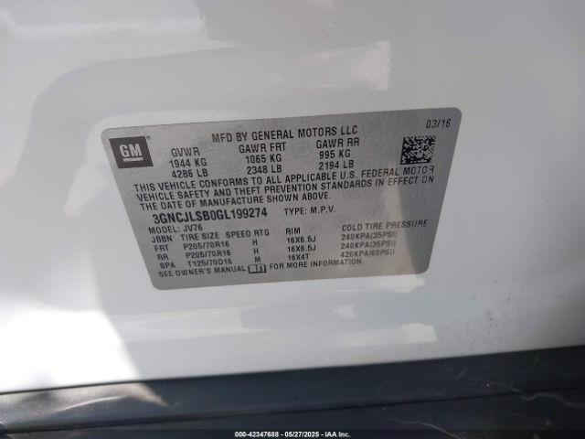 3GNCJLSB0GL199274 Chevrolet Trax Lt