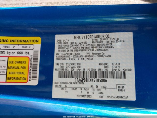 2019 FORD MUSTANG 1FA6P8THXK5185806 Photo 8