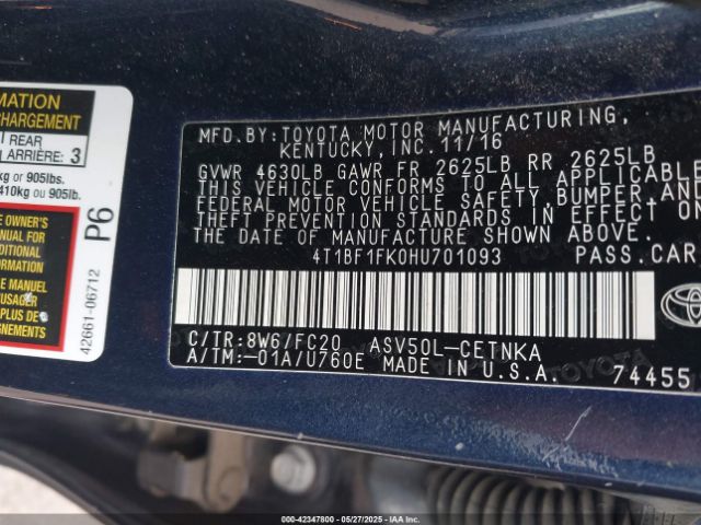 4T1BF1FK0HU701093 Toyota 2ar-fe