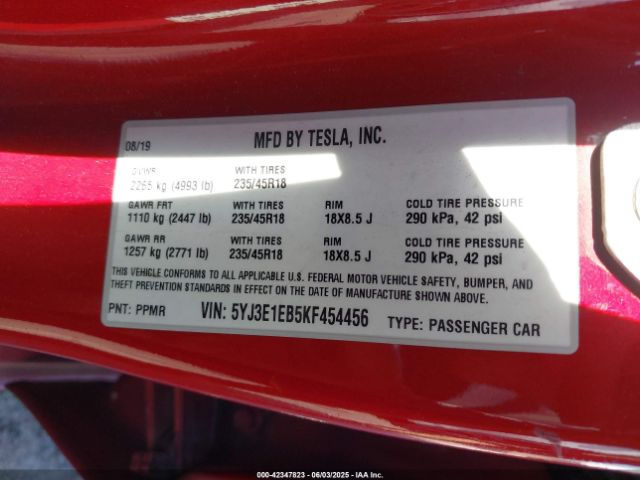 5YJ3E1EB5KF454456 Tesla Model 3 Long Range/performance