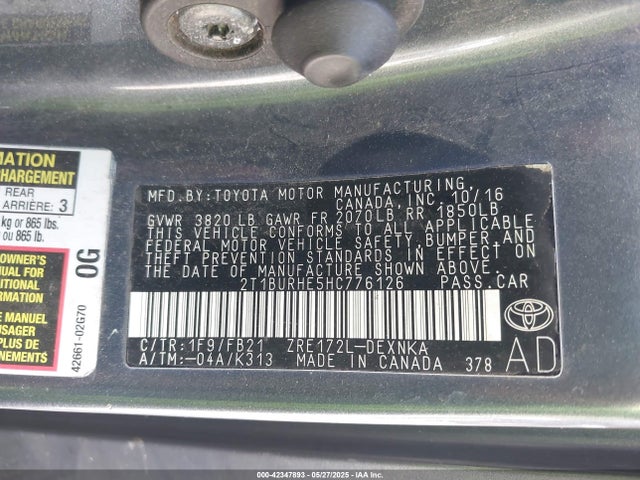 2T1BURHE5HC776126 Toyota COROLLA LE