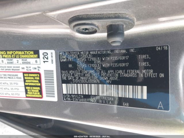 5TDYZ3DC6JS939876 Toyota Sienna Xle Premium 8 Passenger