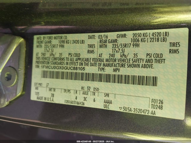 1FMCU0GX0GUC88105 Ford 2016