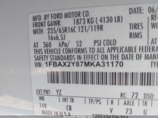 1FBAX2Y87MKA31170 Ford Transit-350 Passenger Van Xlt