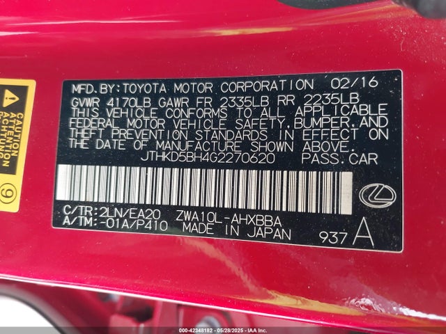 JTHKD5BH4G2270620 Lexus 2zr-fxe+3jm