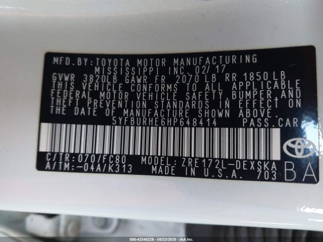 5YFBURHE6HP648414 Toyota Corolla L/le/se/se Special Edition/xle/xse
