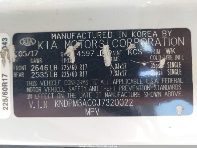 KNDPM3AC0J7320022 KIA Sportage Lx
