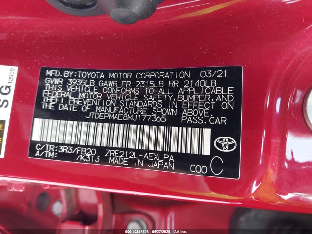JTDEPMAE8MJ177365 Toyota 2zr-fae