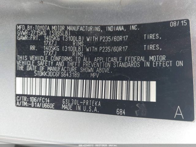 5TDKK3DC6FS643189 Toyota Sienna Le 8 Passenger