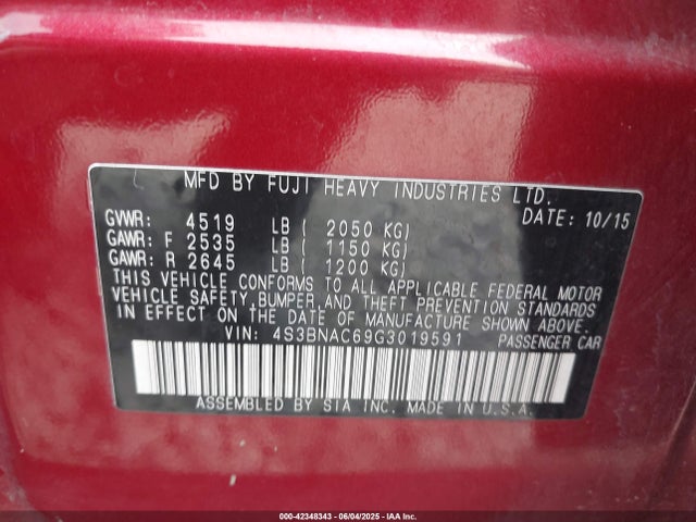4S3BNAC69G3019591 Subaru 2.5l u5
