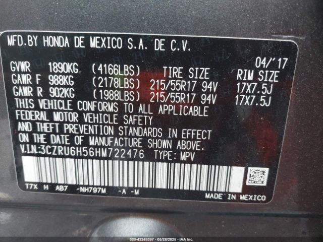 3CZRU6H56HM722476 Honda HR-V EX