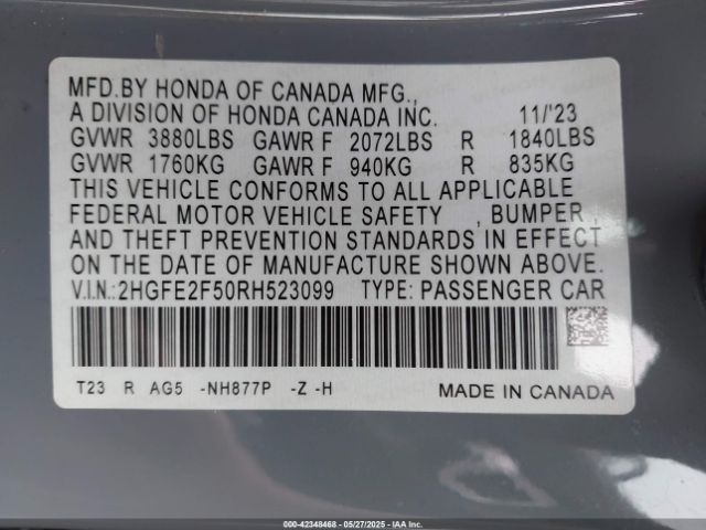 2HGFE2F50RH523099 Honda k20c2