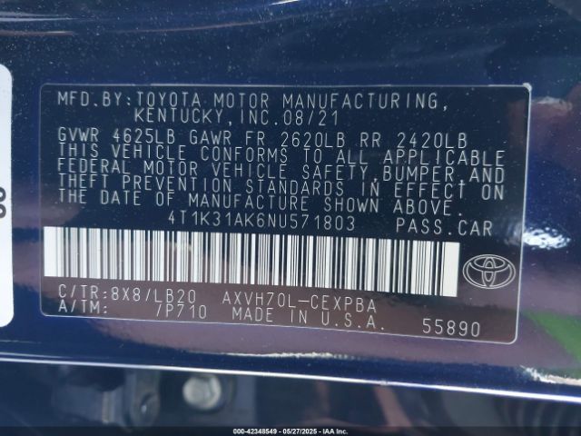 4T1K31AK6NU571803 Toyota Camry Xse Hybrid