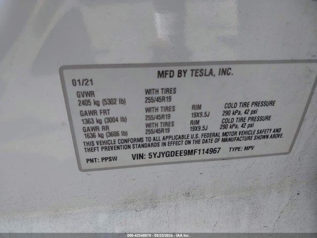 2021 TESLA MODEL Y 5YJYGDEE9MF114967 Photo 8