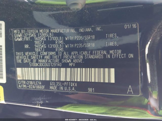 5TDDK3DC0GS129140 Toyota Sienna Limited 7 Passenger/limited Premium 7 Passenger/xle 7 Passenger/xle Premium 7 Passenger