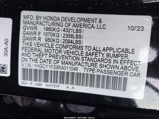 1HGCY1F33RA011046 Honda ACCORD EX