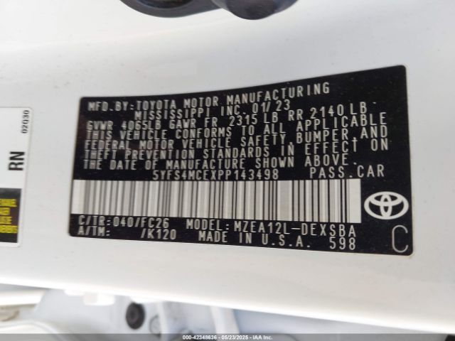 5YFS4MCEXPP143498 Toyota COROLLA SE