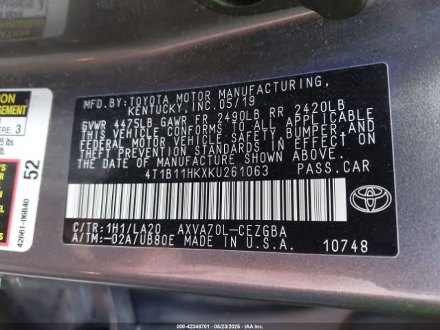 2019 TOYOTA CAMRY 4T1B11HKXKU261063 Photo 8