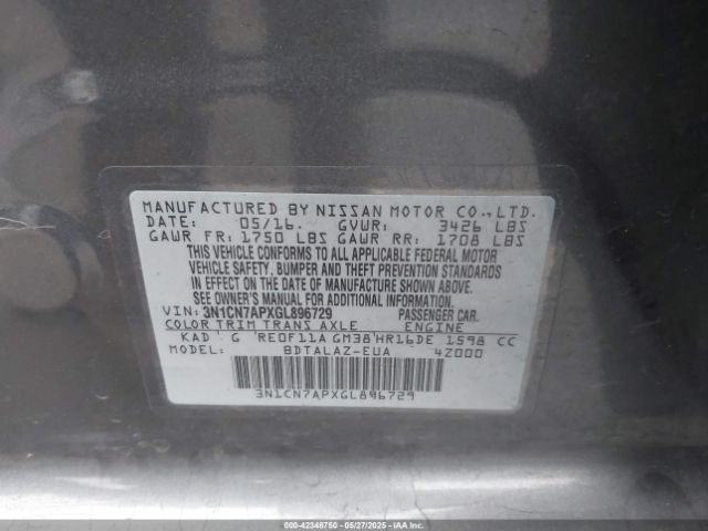 3N1CN7APXGL896729 Nissan Versa 1.6 S+