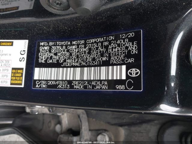 JTDEPMAE7MJ163411 Toyota COROLLA LE