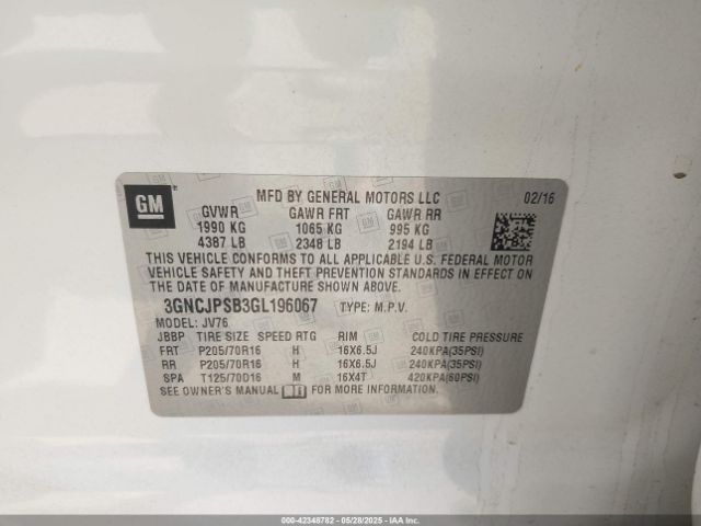 3GNCJPSB3GL196067 Chevrolet Trax Lt