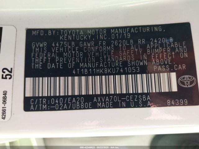 4T1B11HK8KU741053 Toyota CAMRY SE