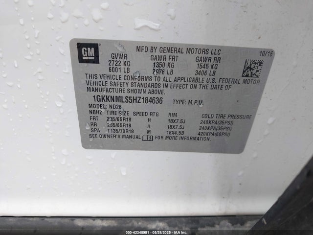 1GKKNMLS5HZ184636 GMC lgx - di: direct injection, vvt: variable valve timing, alum, gen 2