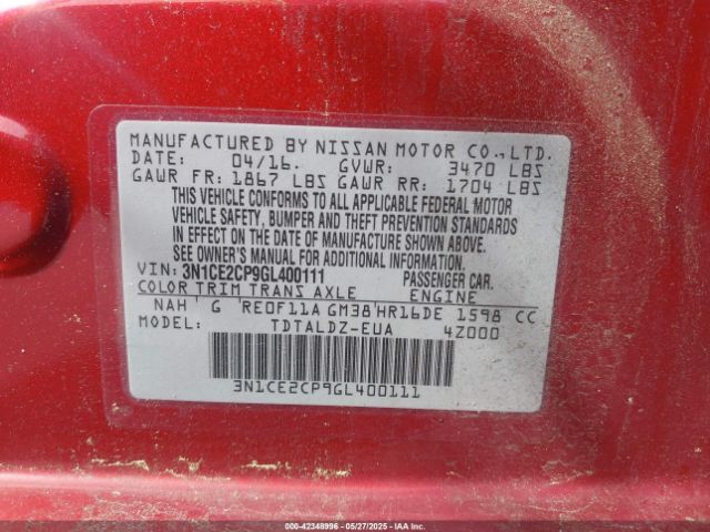 3N1CE2CP9GL400111 Nissan Versa Note S (sr)/s Plus/sl/sr/sv