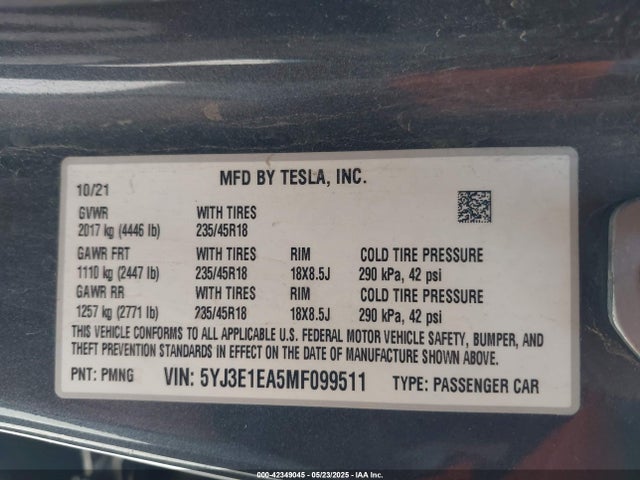 2021 TESLA MODEL 3 5YJ3E1EA5MF099511 Photo 8