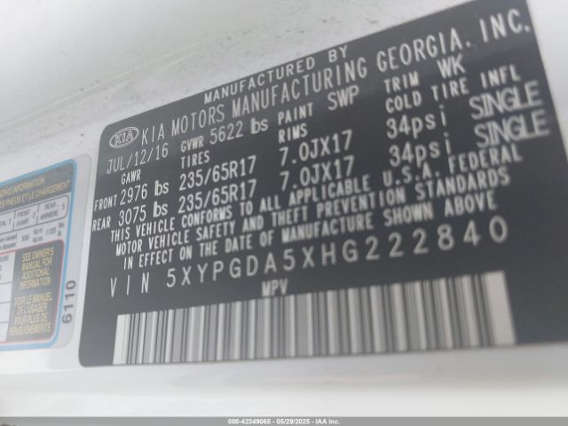 5XYPGDA5XHG222840 KIA Sorento 3.3l Lx